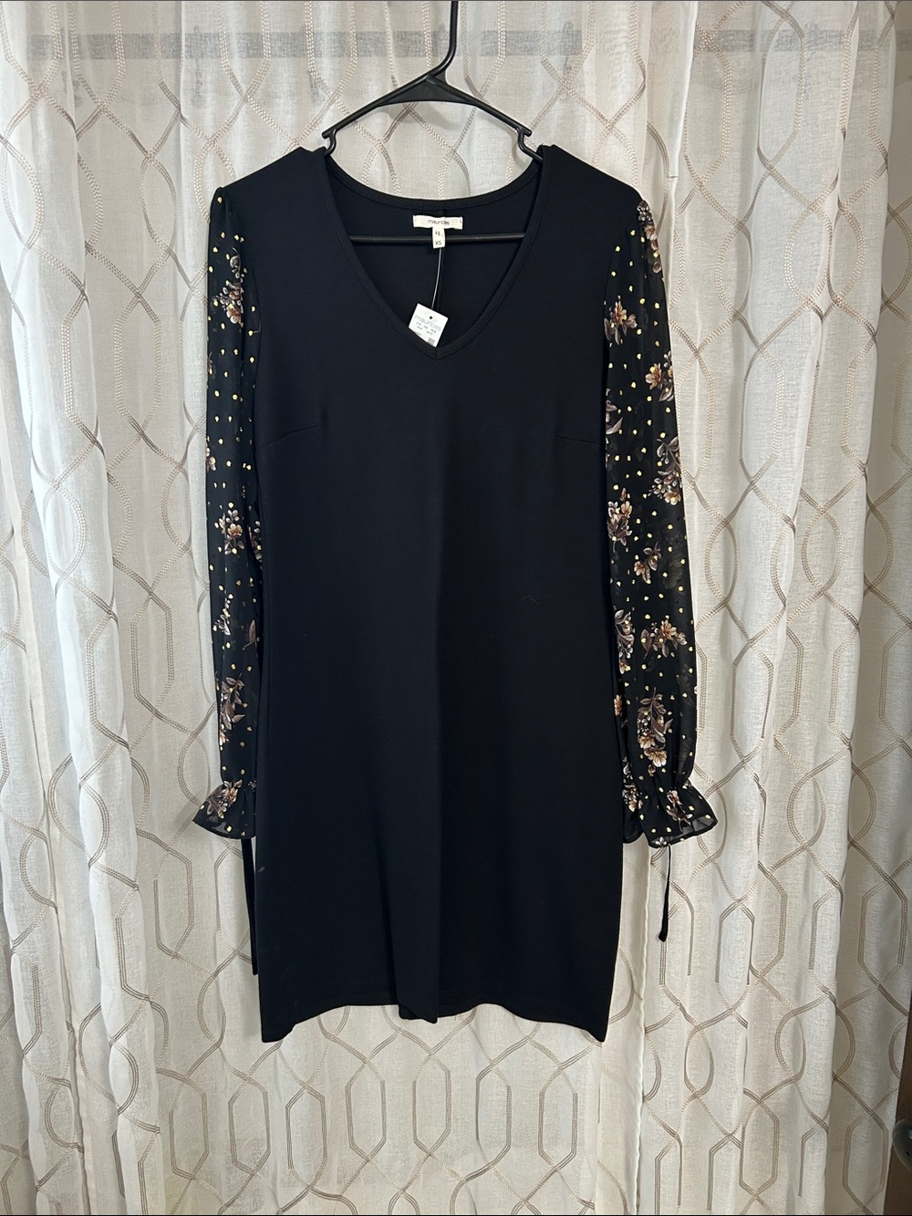 Black V-Neck Dress with Sheer, Floral Puff Sleeves